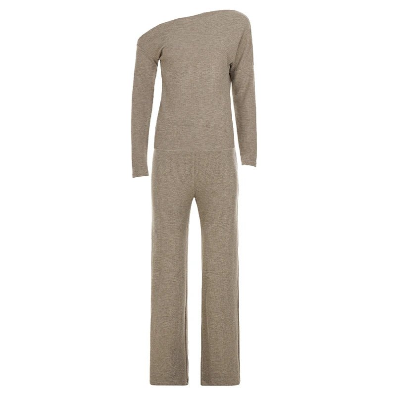 Women's Casual Solid Color Knitting Spandex/Polyester Loungewear Two - Piece Set Shoulder Top Wide Leg Pants Breathable - Zeprah