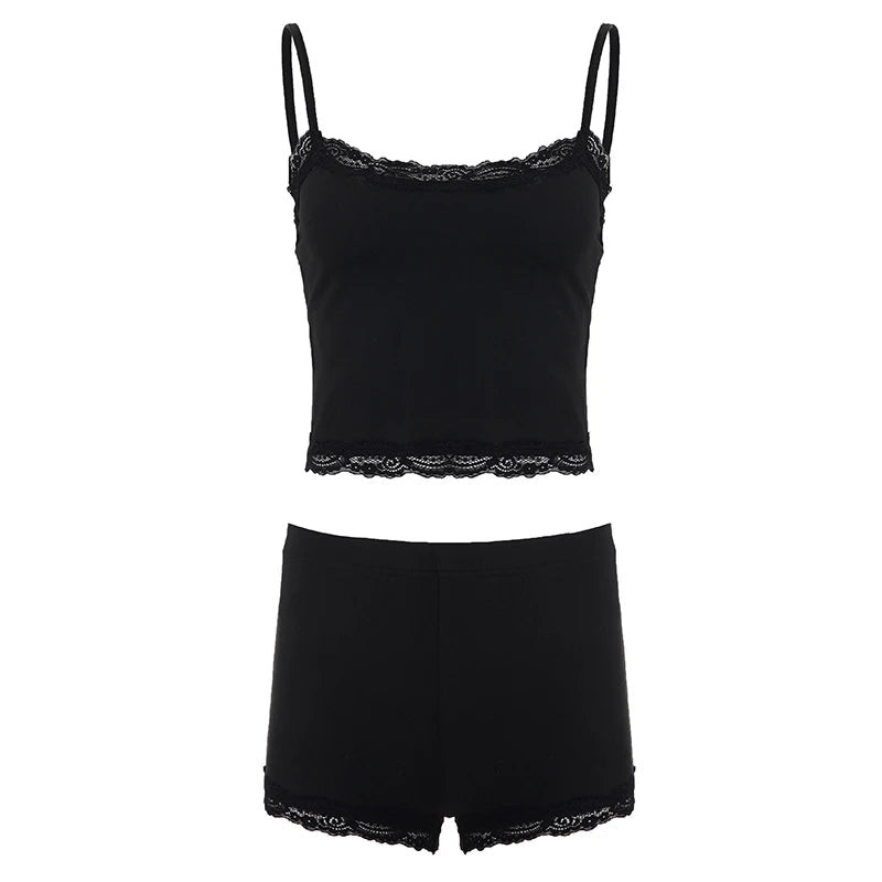 Women's Casual Sport Set 2 - Piece Workout Outfit Floral Lace Trim V - Neck Cami Top Knee Skinny Breathable Knitting Shorts Gym - Zeprah