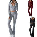 Women's Casual Sport Set Fall Winter Knitting Patchwork Tracksuit V - Neck Shorts Long Sleeve Top Skinny Fit Flare Jogger - Zeprah