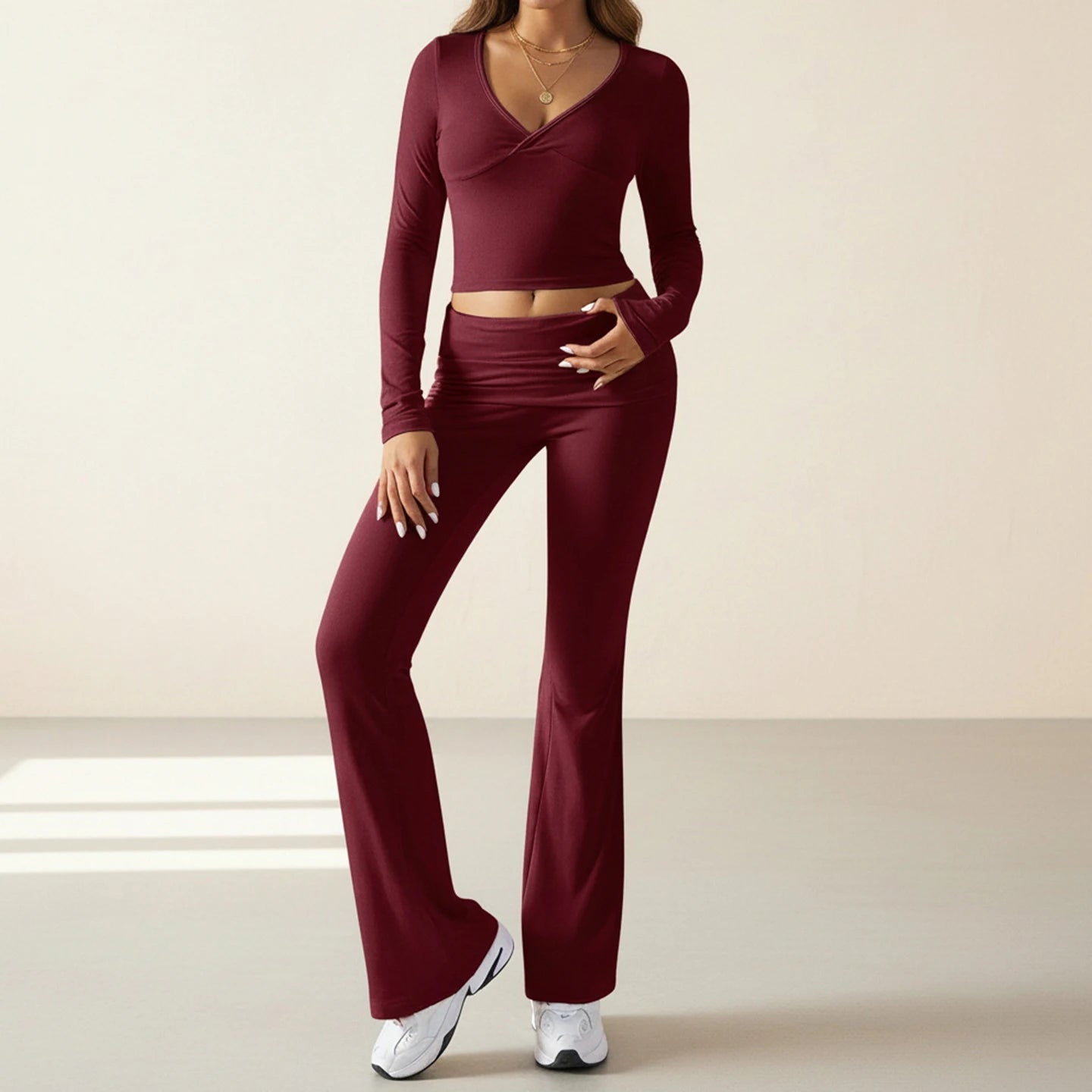 Women's Casual Sport Set Fall Winter Knitting Patchwork Tracksuit V - Neck Shorts Long Sleeve Top Skinny Fit Flare Jogger - Zeprah