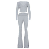 Women's Casual Sport Set Fall Winter Knitting Patchwork Tracksuit V - Neck Shorts Long Sleeve Top Skinny Fit Flare Jogger - Zeprah