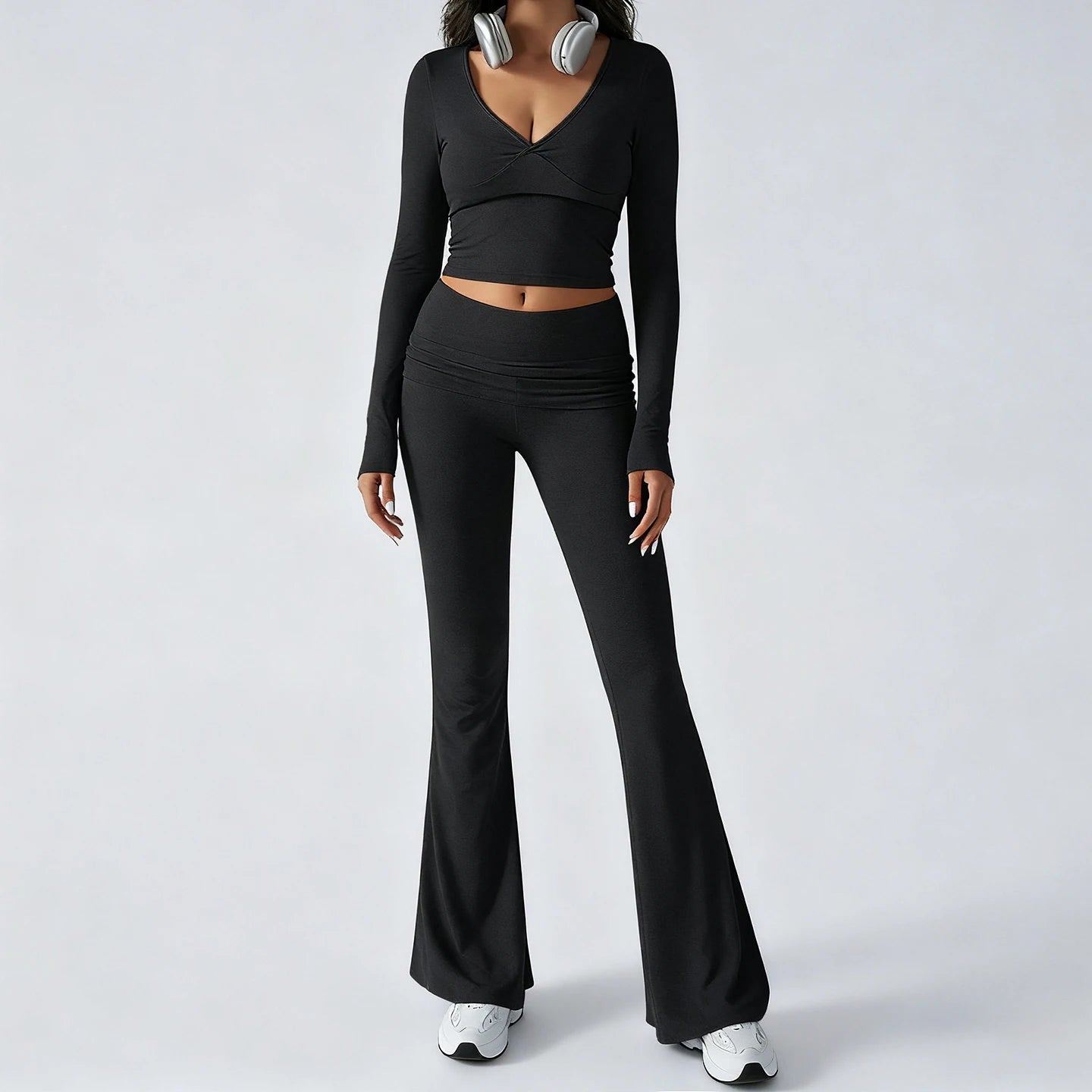 Women's Casual Sport Set Fall Winter Knitting Patchwork Tracksuit V - Neck Shorts Long Sleeve Top Skinny Fit Flare Jogger - Zeprah