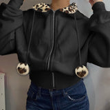 Women's Casual Street Style Leopard Print Anti - Wrinkle Knitted Spandex/Polyester Plain Dyed Faux Fur Hooded Zip - Up Sweatshirt - Zeprah