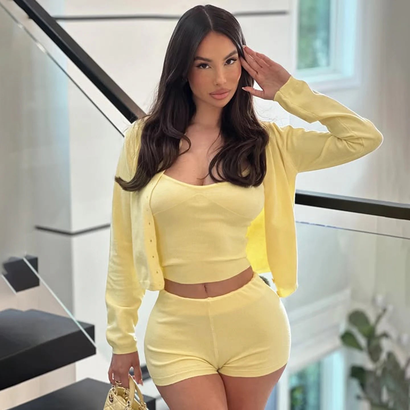 Women's Casual Streetwear 3 - Piece Set New Solid Color Crop Top Long Sleeve Cardigan Skinny Low Rise Knee Shorts Knitting - Zeprah