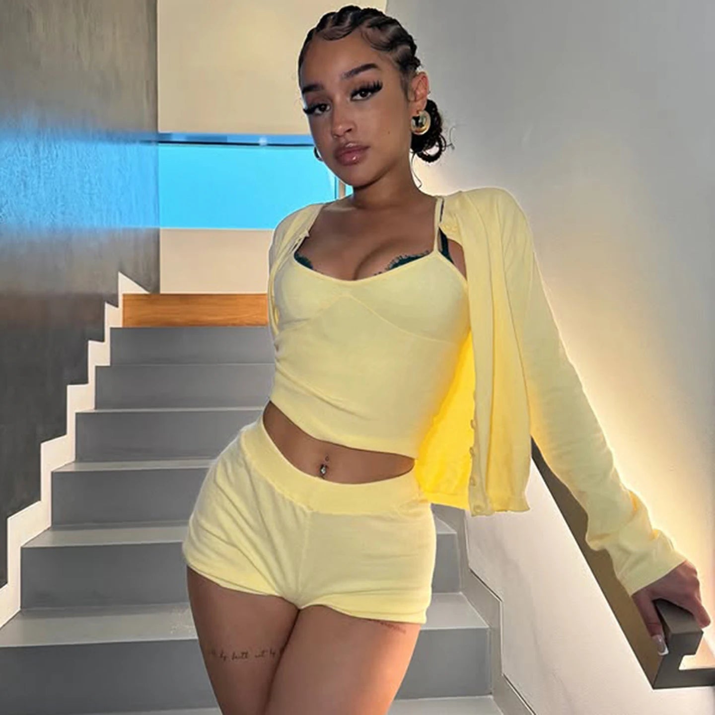 Women's Casual Streetwear 3 - Piece Set New Solid Color Crop Top Long Sleeve Cardigan Skinny Low Rise Knee Shorts Knitting - Zeprah