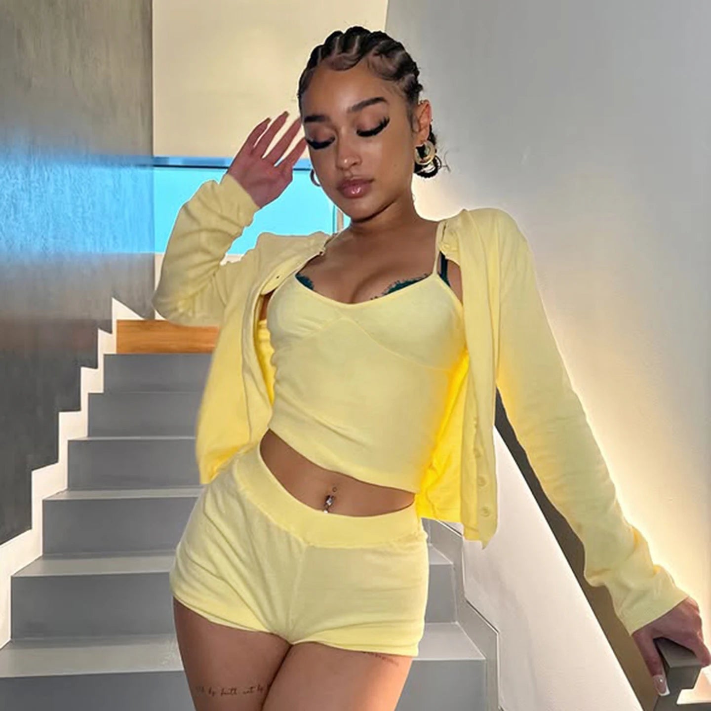 Women's Casual Streetwear 3 - Piece Set New Solid Color Crop Top Long Sleeve Cardigan Skinny Low Rise Knee Shorts Knitting - Zeprah