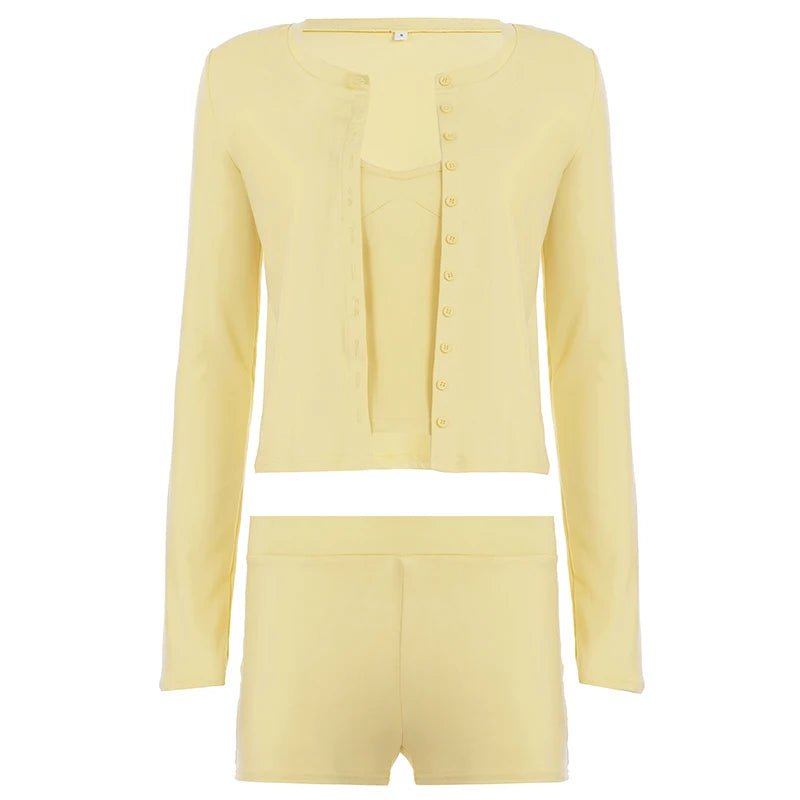 Women's Casual Streetwear 3 - Piece Set New Solid Color Crop Top Long Sleeve Cardigan Skinny Low Rise Knee Shorts Knitting - Zeprah