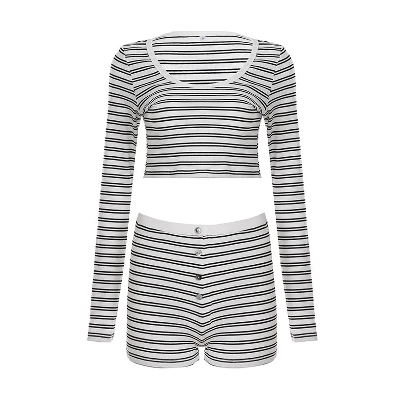Women's Casual Striped Above Knee Two - Piece Set Button Spandex/Polyester Skinny Fit Shirt and Shorts Pajama Set - Zeprah