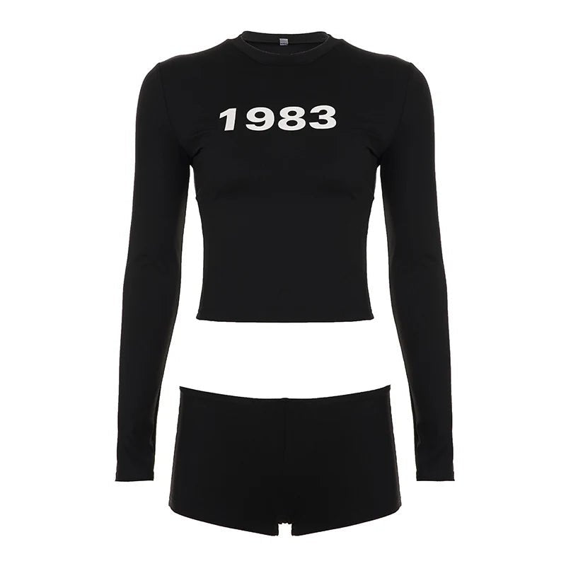 Women's Casual Two Piece Set Full Sleeve Regular Top Knee Low Rise Shorts Letter Print Solid Color Knitting Eco - Friendly - Zeprah