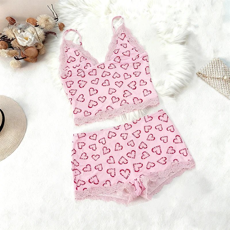 Women's Casual Two Piece Set Solid Color Heart Print Contrast Lace Trim Breathable Eco - Friendly Cami Top Shorts - Zeprah