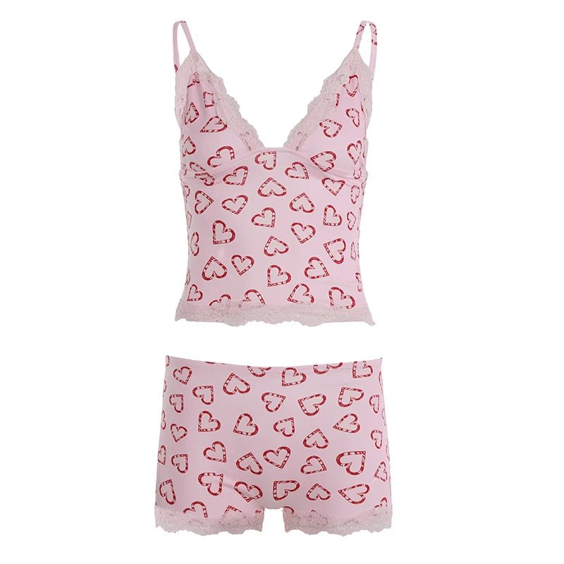 Women's Casual Two Piece Set Solid Color Heart Print Contrast Lace Trim Breathable Eco - Friendly Cami Top Shorts - Zeprah