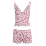 Women's Casual Two Piece Set Solid Color Heart Print Contrast Lace Trim Breathable Eco - Friendly Cami Top Shorts - Zeprah