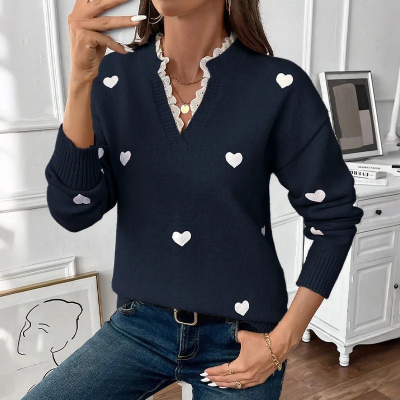 Women's Casual V - neck Appliques Love Pattern Winter Sweater - Zeprah