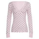 Women’s Casual V - Neck Polka Dot Knitted T-Shirt – Full Sleeve, Slim Fit, Breathable Spandex/Poly - Zeprah