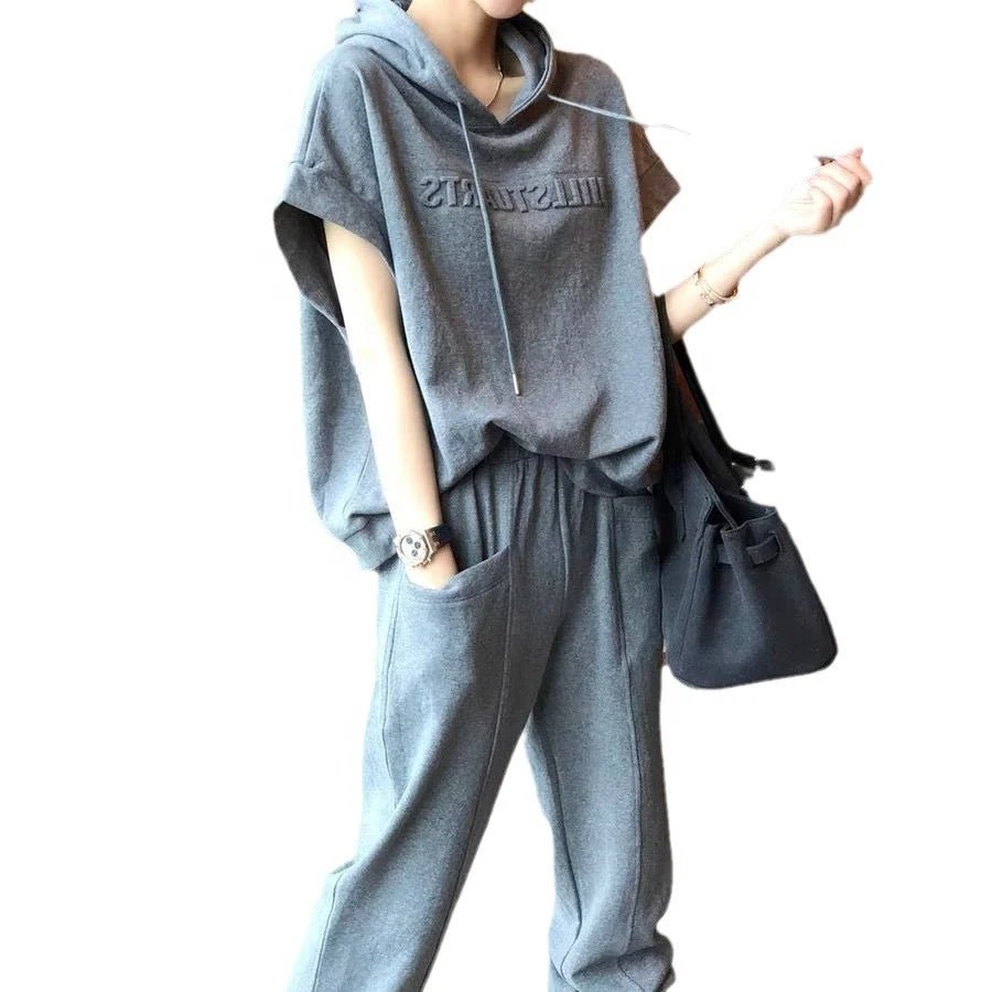 Women's Chic Age Defying Tracksuit Short - Sleeve T-Shirt and Hooded Casual Pants Women's 2 - Piece - Zeprah