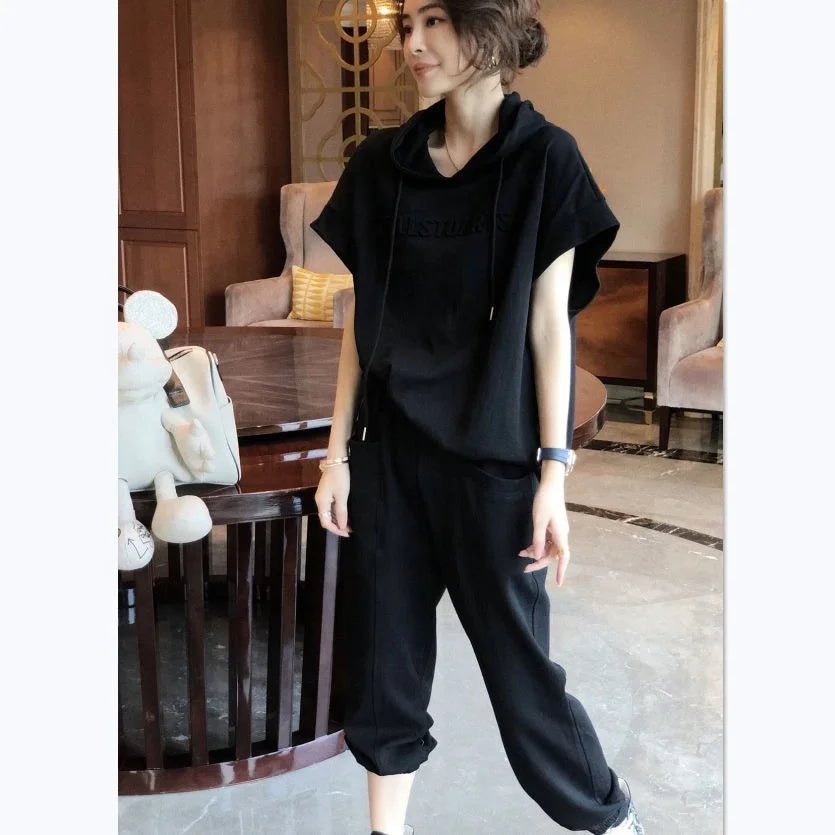 Women's Chic Age Defying Tracksuit Short - Sleeve T-Shirt and Hooded Casual Pants Women's 2 - Piece - Zeprah
