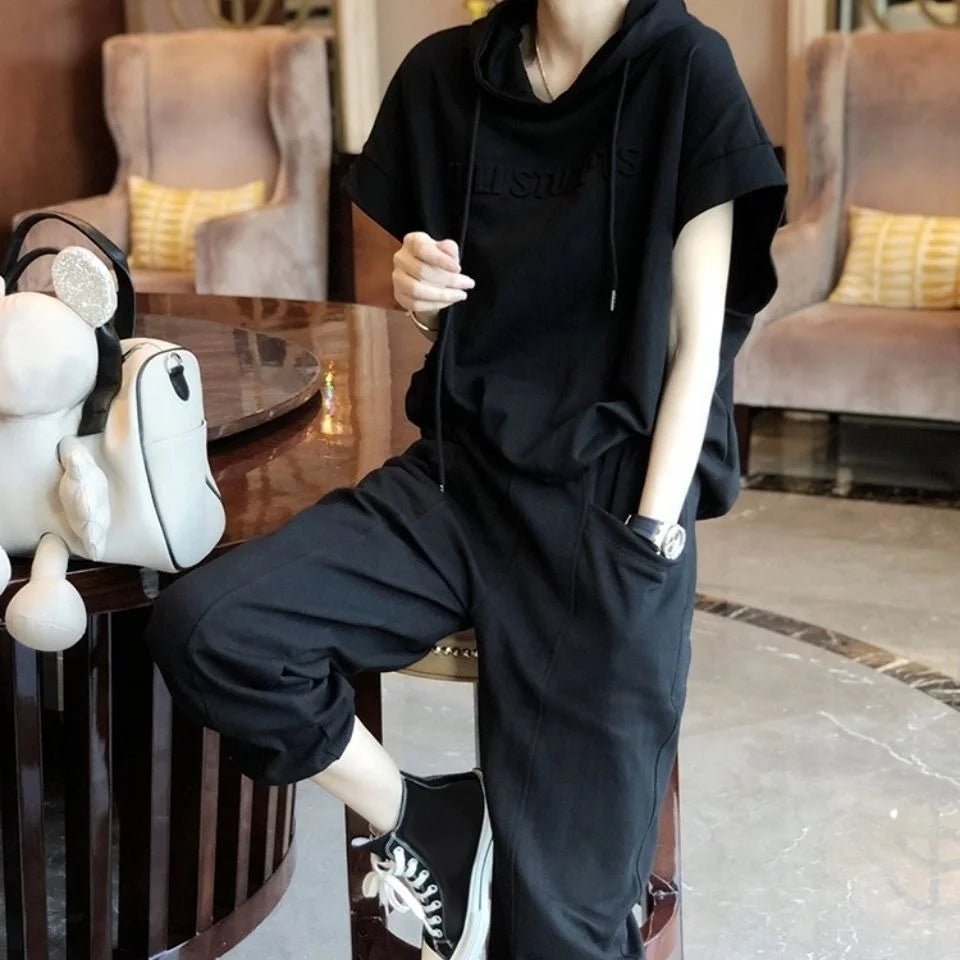 Women's Chic Age Defying Tracksuit Short - Sleeve T-Shirt and Hooded Casual Pants Women's 2 - Piece - Zeprah