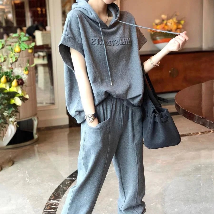 Women's Chic Age Defying Tracksuit Short - Sleeve T-Shirt and Hooded Casual Pants Women's 2 - Piece - Zeprah