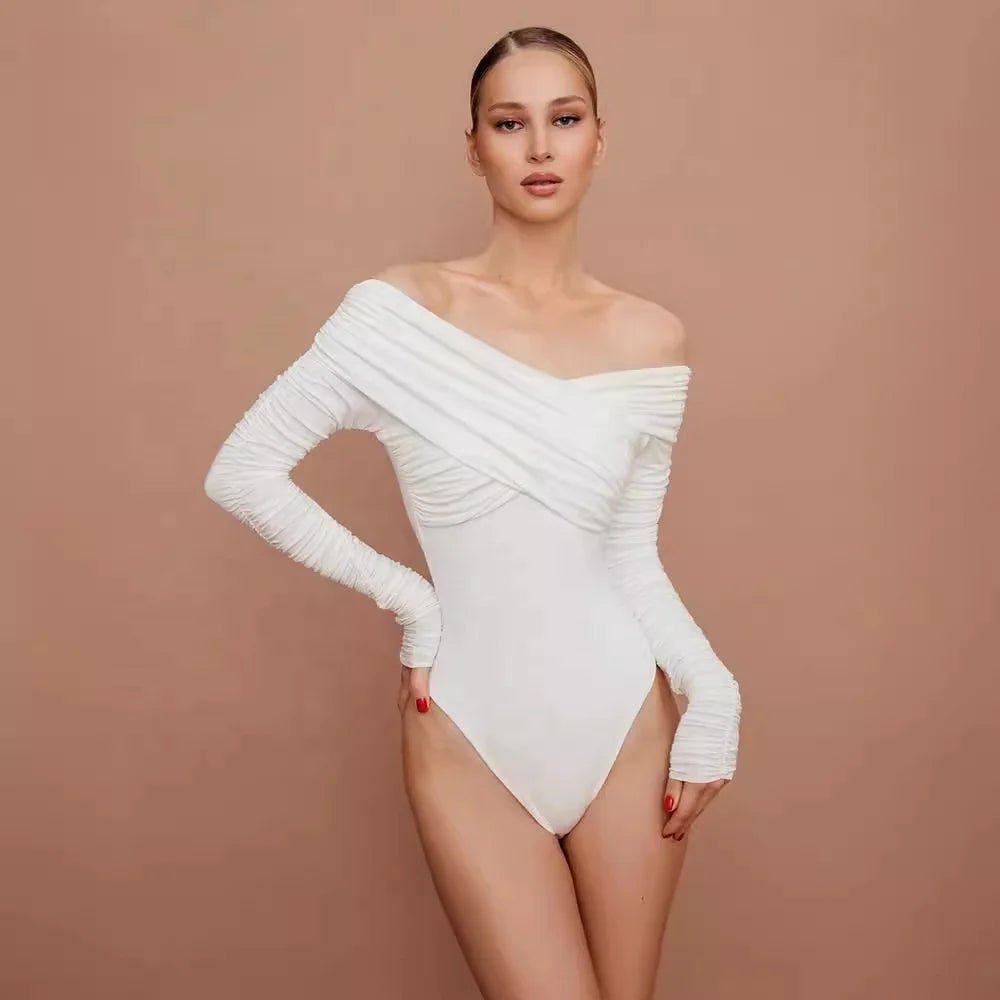 Women's Clothing Off - shoulder V - neck Pleated Long Sleeve Top Tight - fitting Elegant Jumpsuit - Zeprah