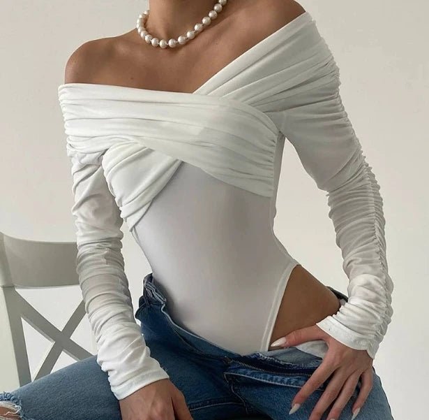 Women's Clothing Off - shoulder V - neck Pleated Long Sleeve Top Tight - fitting Elegant Jumpsuit - Zeprah