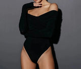 Women's Clothing Off - shoulder V - neck Pleated Long Sleeve Top Tight - fitting Elegant Jumpsuit - Zeprah