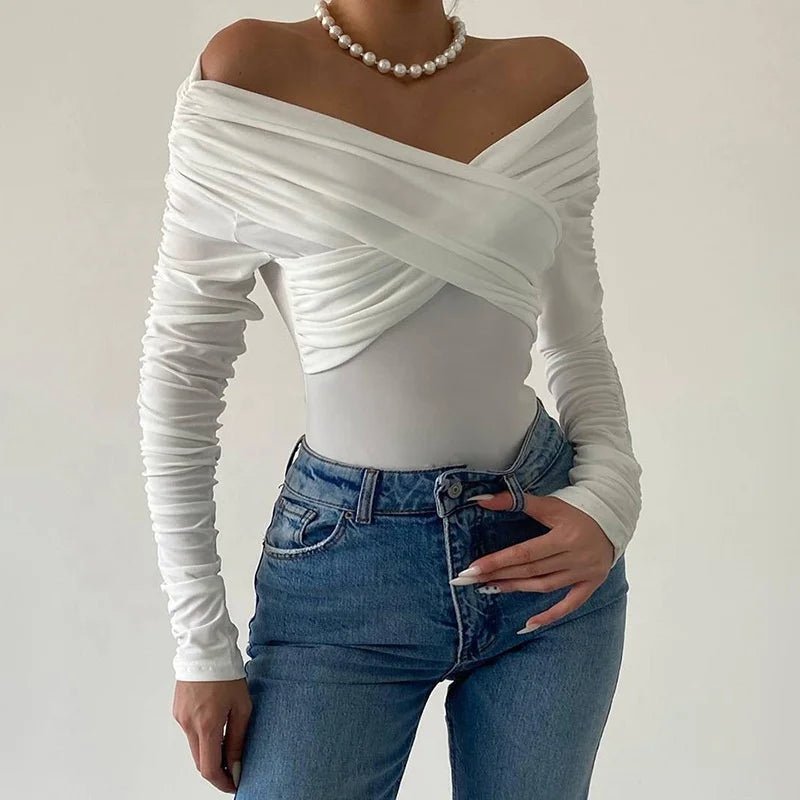 Women's Clothing Off - shoulder V - neck Pleated Long Sleeve Top Tight - fitting Elegant Jumpsuit - Zeprah