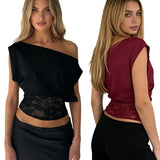 Women's Collarless Off - Shoulder Sleeveless Lace Trim Regular Fit Cropped Top Breathable Summer Eco - Friendly Elegant Casual Tee - Zeprah