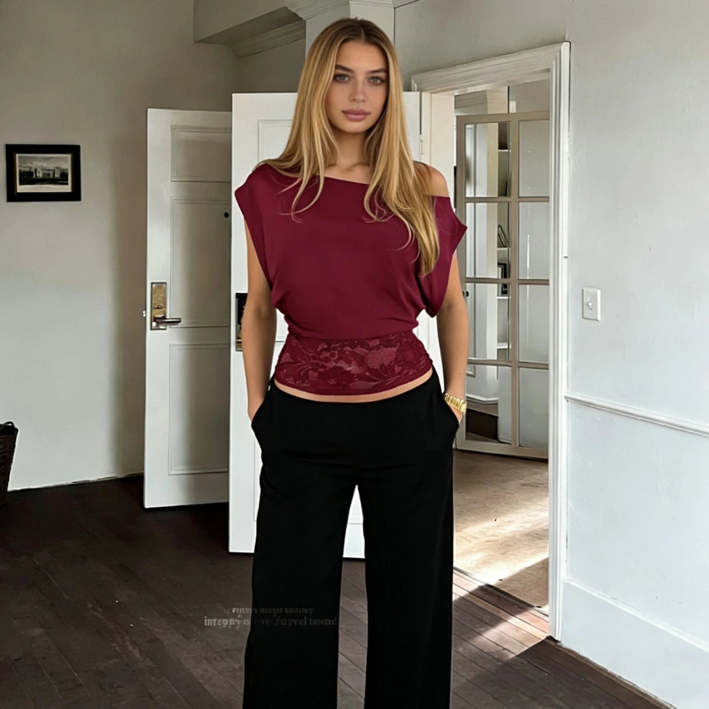Women's Collarless Off - Shoulder Sleeveless Lace Trim Regular Fit Cropped Top Breathable Summer Eco - Friendly Elegant Casual Tee - Zeprah