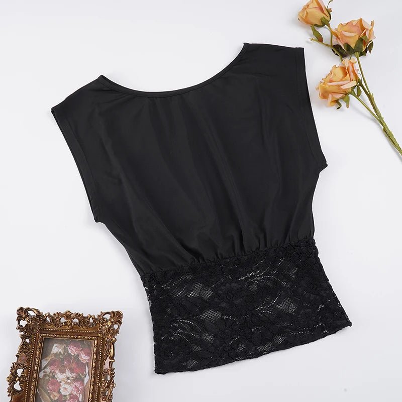 Women's Collarless Off - Shoulder Sleeveless Lace Trim Regular Fit Cropped Top Breathable Summer Eco - Friendly Elegant Casual Tee - Zeprah
