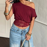 Women's Collarless Off - Shoulder Sleeveless Lace Trim Regular Fit Cropped Top Breathable Summer Eco - Friendly Elegant Casual Tee - Zeprah