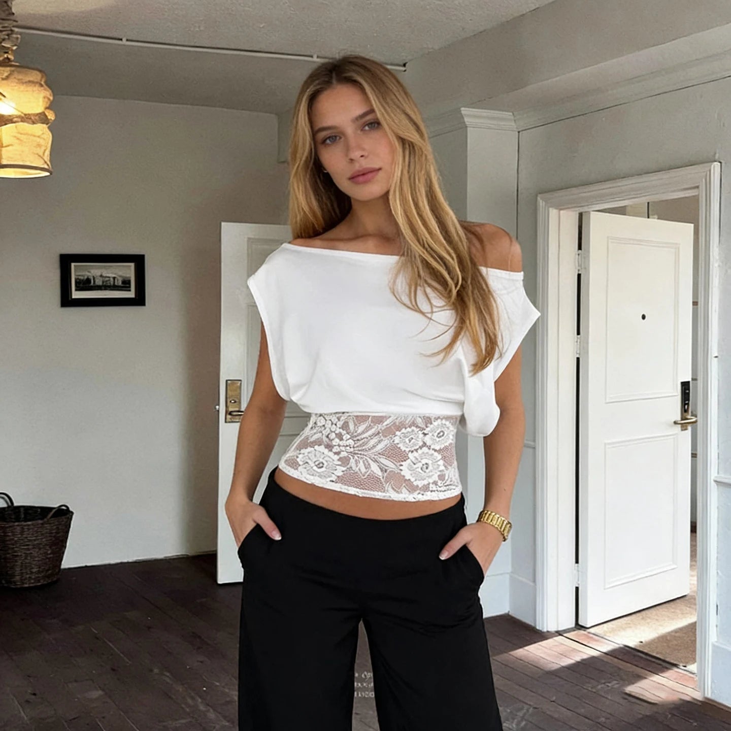 Women's Collarless Off - Shoulder Sleeveless Lace Trim Regular Fit Cropped Top Breathable Summer Eco - Friendly Elegant Casual Tee - Zeprah