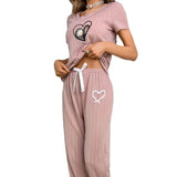 Women's Comfortable Pink Knitted Striped Pajama Set Casual Sports & Home Wear Elastic Waist Closure Breathable - Zeprah