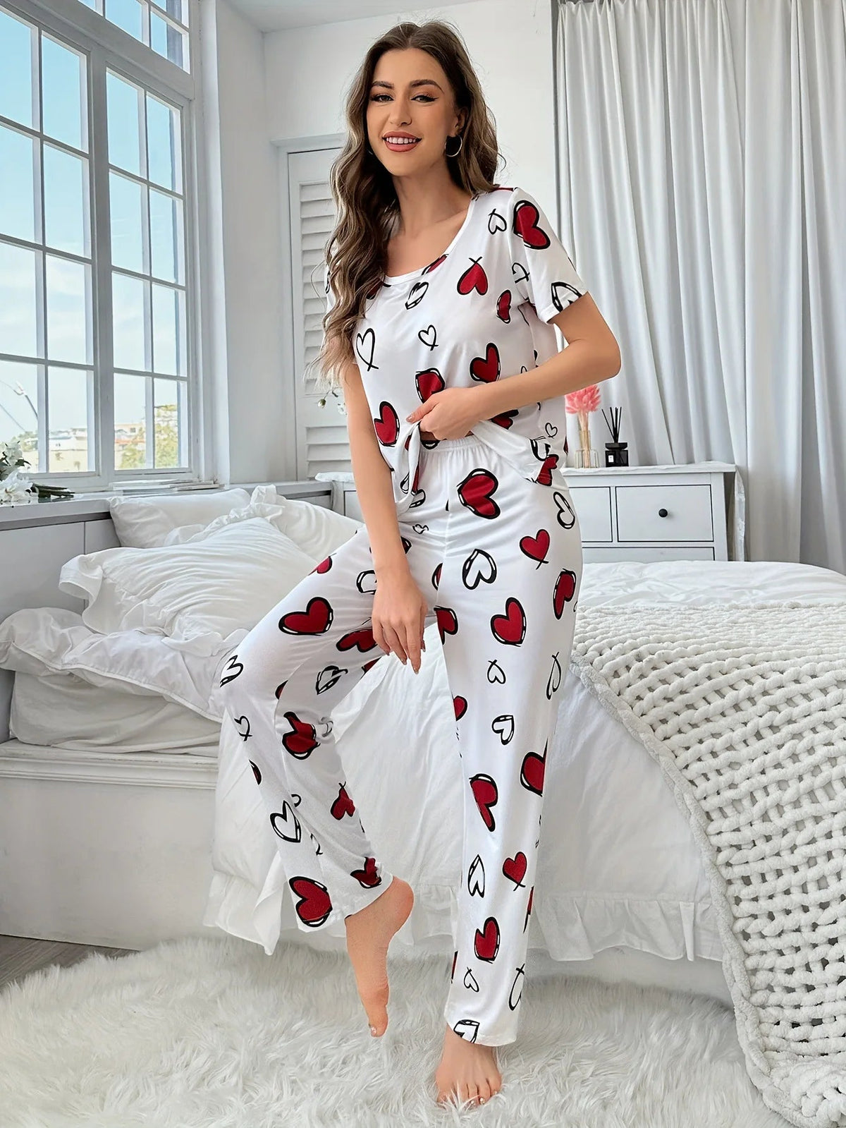 Women's Comfortable Summer Milk Silk Short Sleeve Long Pants Heart Print Casual Homewear Set Pajamas - Zeprah