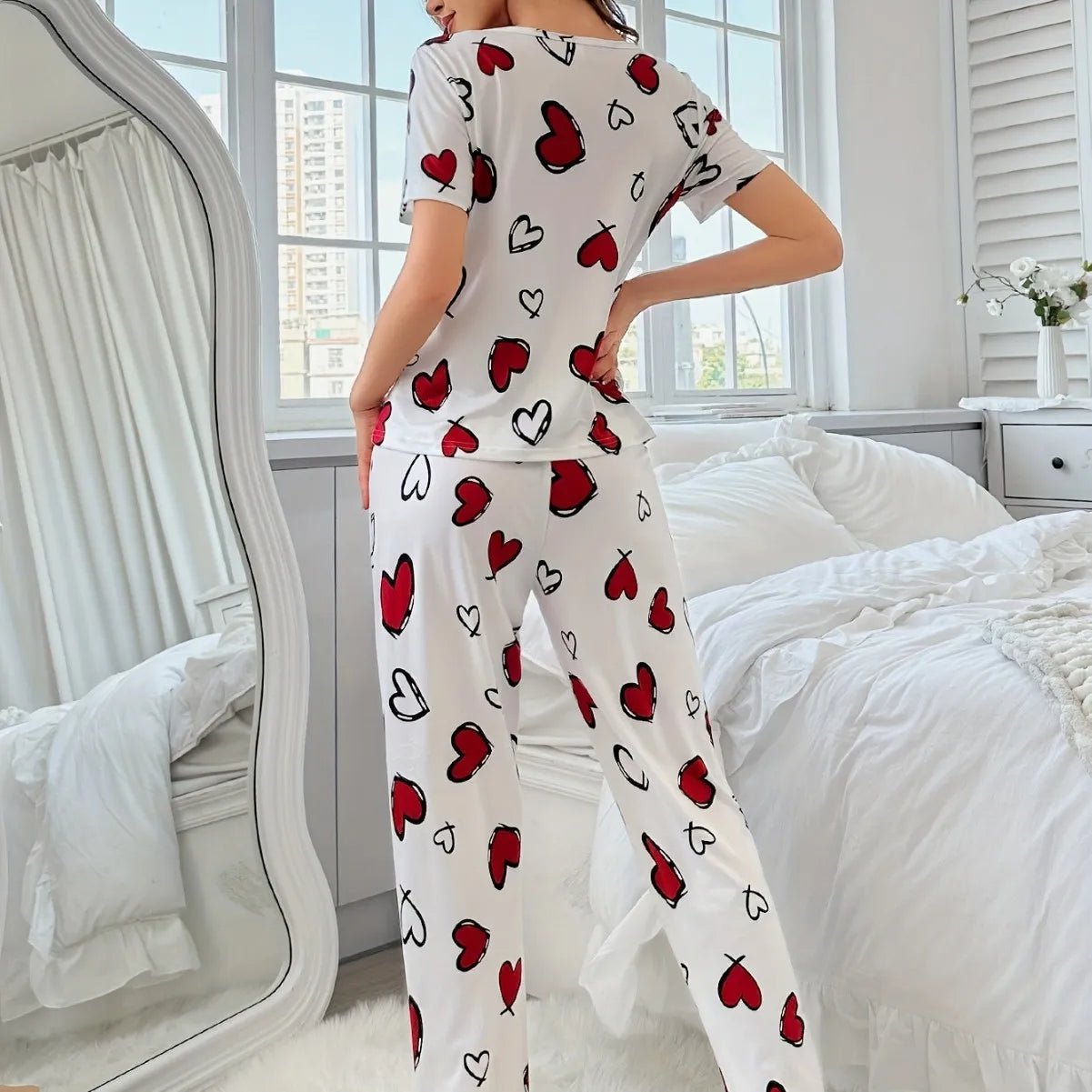 Women's Comfortable Summer Milk Silk Short Sleeve Long Pants Heart Print Casual Homewear Set Pajamas - Zeprah