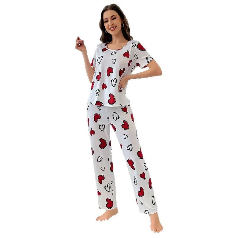 Women's Comfortable Summer Milk Silk Short Sleeve Long Pants Heart Print Casual Homewear Set Pajamas - Zeprah