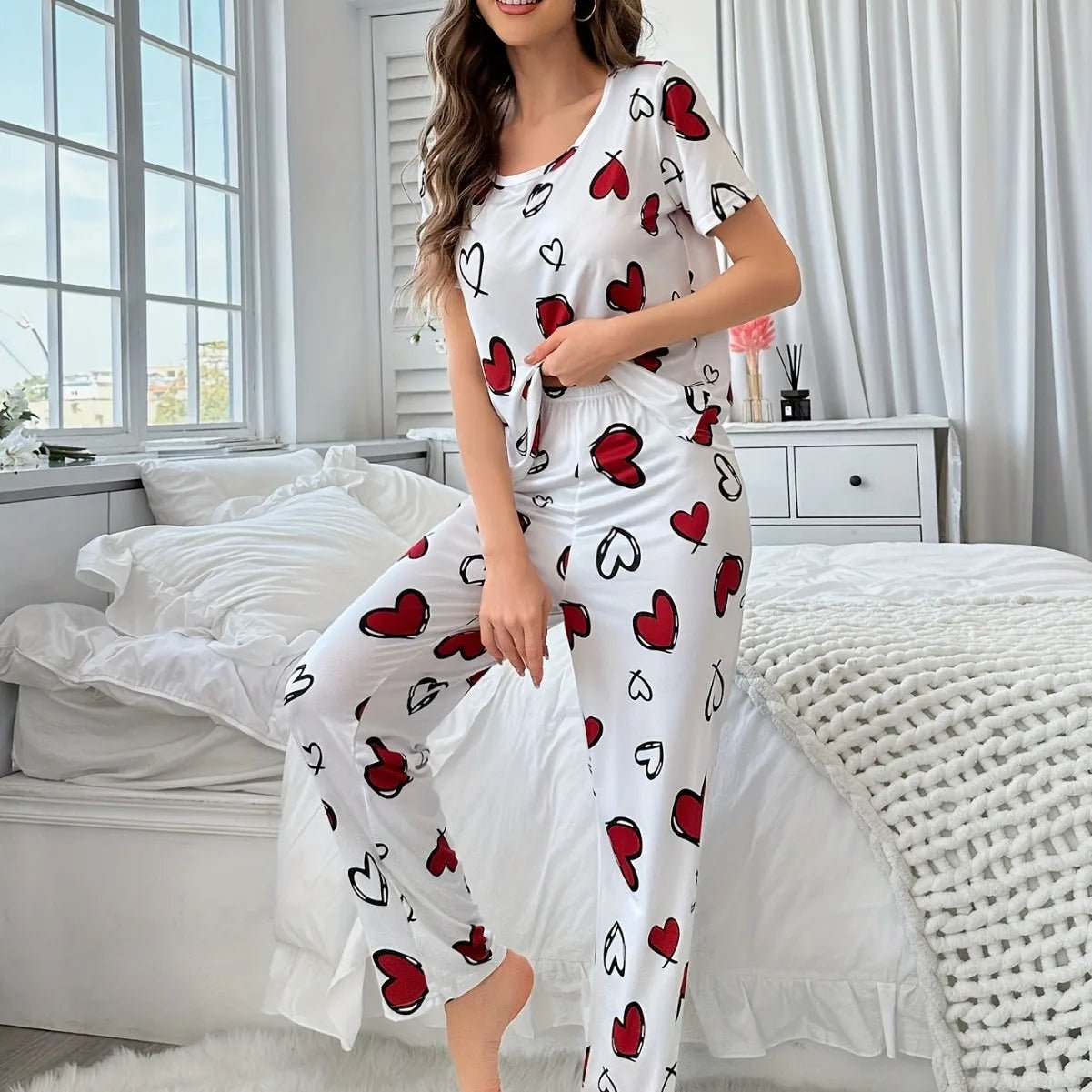 Women's Comfortable Summer Milk Silk Short Sleeve Long Pants Heart Print Casual Homewear Set Pajamas - Zeprah