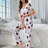 Women's Comfortable Summer Milk Silk Short Sleeve Long Pants Heart Print Casual Homewear Set Pajamas - Zeprah