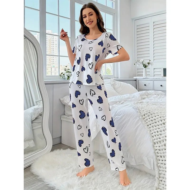 Women's Comfortable Summer Milk Silk Short Sleeve Long Pants Heart Print Casual Homewear Set Pajamas - Zeprah