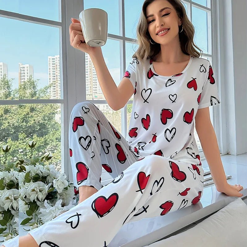 Women's Comfortable Summer Milk Silk Short Sleeve Long Pants Heart Print Casual Homewear Set Pajamas - Zeprah