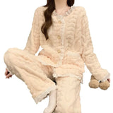 Women's Coral Fleece Pajamas Autumn Winter New Collection Korean Style Sweet Thickened Warm Loungewear Set Solid - Zeprah