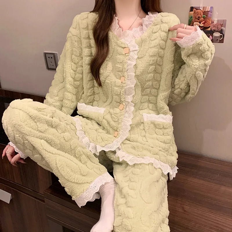 Women's Coral Fleece Pajamas Autumn Winter New Collection Korean Style Sweet Thickened Warm Loungewear Set Solid - Zeprah
