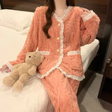 Women's Coral Fleece Pajamas Autumn Winter New Collection Korean Style Sweet Thickened Warm Loungewear Set Solid - Zeprah