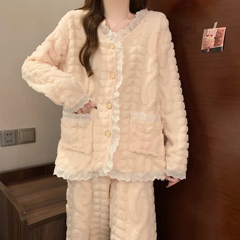 Women's Coral Fleece Pajamas Autumn Winter New Collection Korean Style Sweet Thickened Warm Loungewear Set Solid - Zeprah