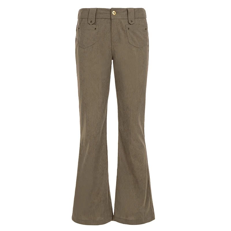 Women's Corduroy Pants Style Brown Low Rise Flare with Patchwork Pockets Eco - Friendly Lengthening Warm Loose Fit - Zeprah