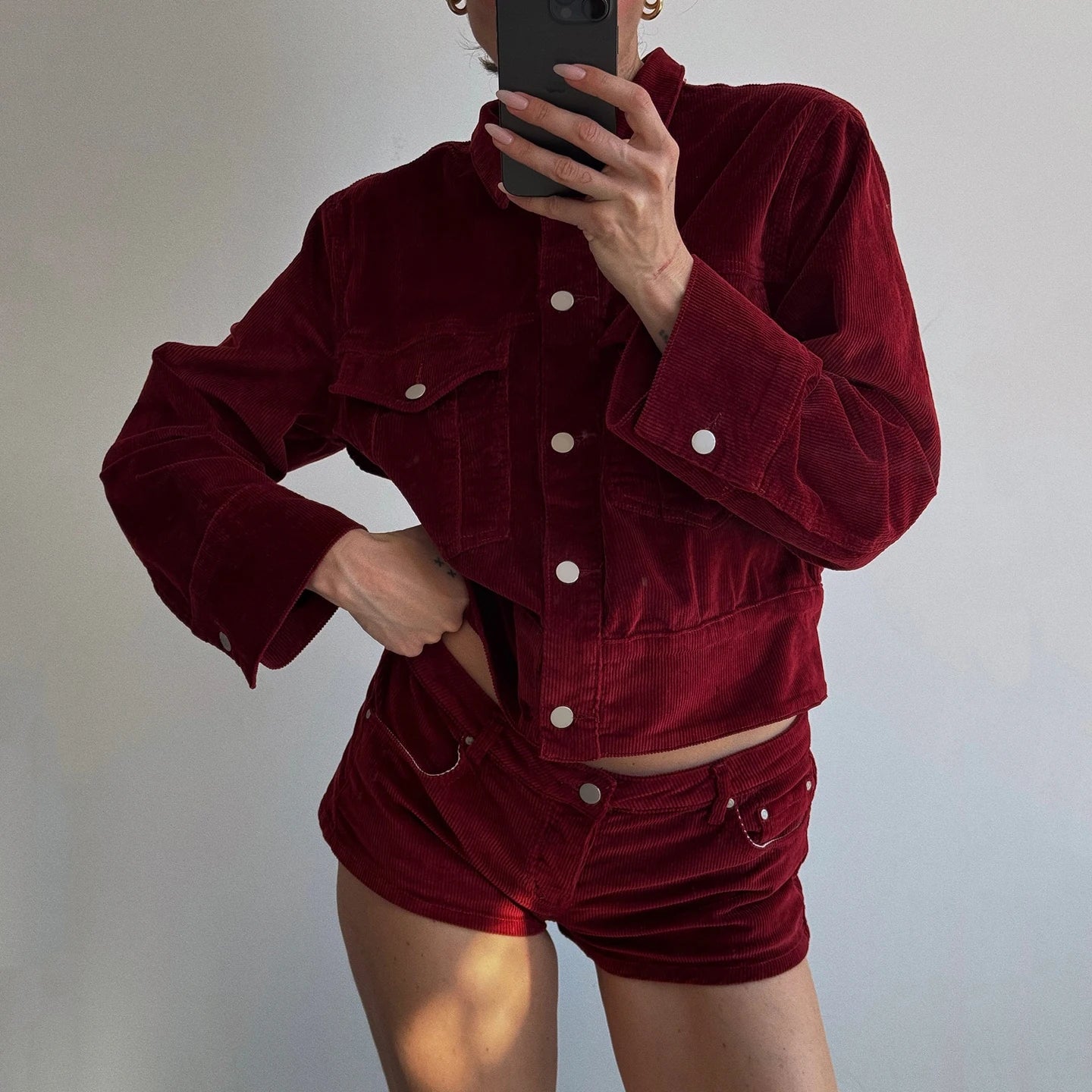 Women's Corduroy Shirt Collar Jacket Patchwork Single Row Button Long Sleeve Casual Blazer Short Autumn Breathable - Zeprah