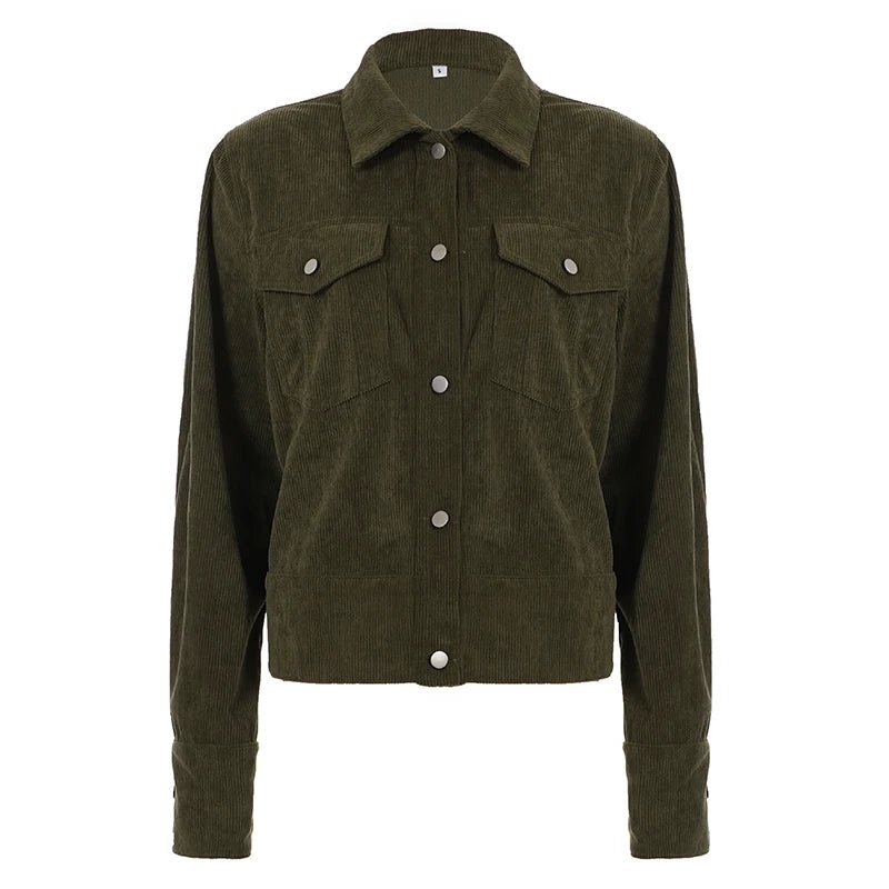 Women's Corduroy Shirt Collar Jacket Patchwork Single Row Button Long Sleeve Casual Blazer Short Autumn Breathable - Zeprah