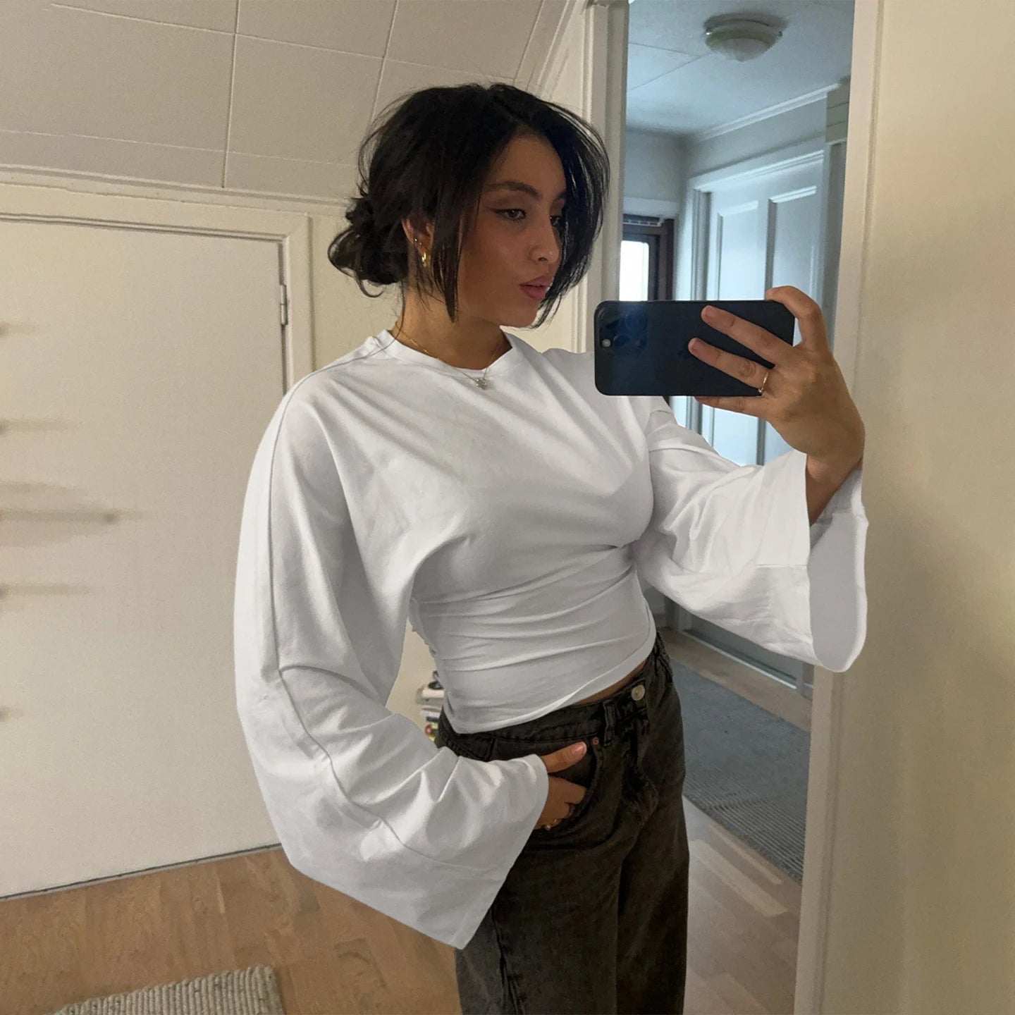 Women's Cropped Long Sleeve Knitted Eco - Friendly Casual T-Shirt Oversized Drop Shoulder Plain Round Neck - Zeprah