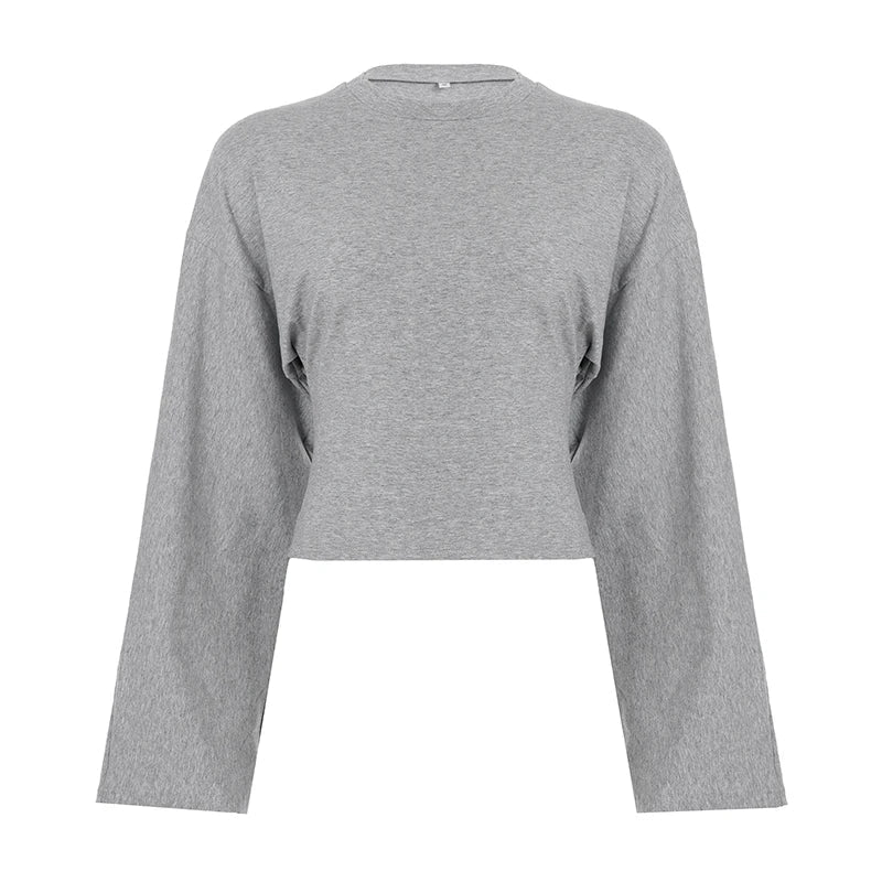 Women's Cropped Long Sleeve Knitted Eco - Friendly Casual T-Shirt Oversized Drop Shoulder Plain Round Neck - Zeprah