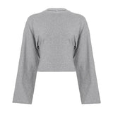 Women's Cropped Long Sleeve Knitted Eco - Friendly Casual T-Shirt Oversized Drop Shoulder Plain Round Neck - Zeprah