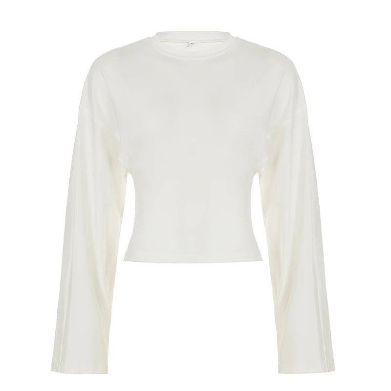Women's Cropped Long Sleeve Knitted Eco - Friendly Casual T-Shirt Oversized Drop Shoulder Plain Round Neck - Zeprah